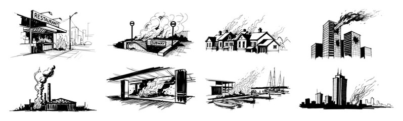 urban disaster and accident scenes collection sketch vector