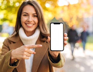 Mockup image of a beautiful woman pointing finger at a mobile phone with blank white screen