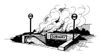 fire and smoke from subway station sketch vector