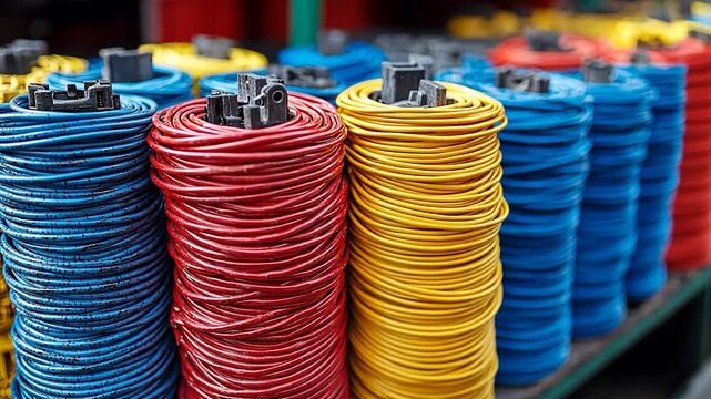 Colorful string rolls on shelves