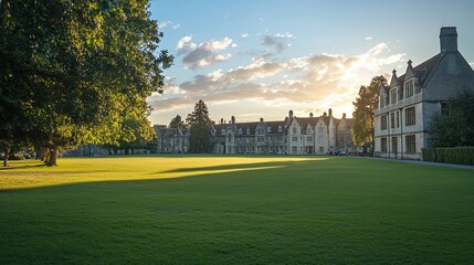 Obraz premium A peaceful university campus with green lawns and historic buildings.
