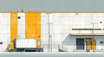 A minimalist illustration of a large, industrial warehouse building with a delivery truck parked outside.  The building features a predominantly white concrete facade accented 