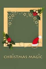Christmas Eve magic, holly berry, stars, baubles on green background gold frame border. Festive design for greeting card, invitation, menu, gift tag, label. Copy space with text.
