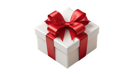 White gift box with red ribbon isolated on transparent background