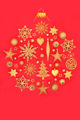 Christmas abstract round shape fantasy tree bauble decoration on red background. Festive gold glitter Xmas ornament design for greeting card, gift tag. 