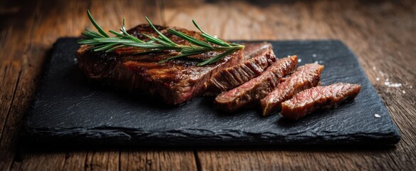 The delicious steak garnished with fresh rosemary on a rustic slate board.