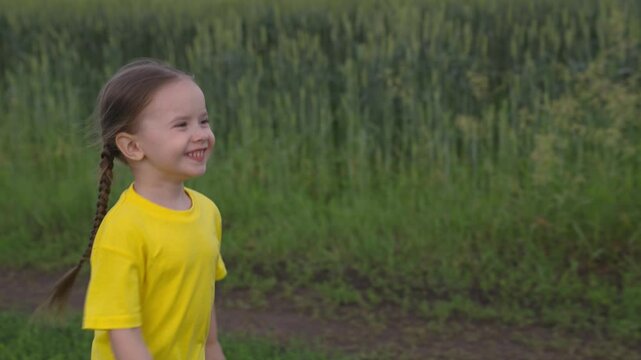 little child running along road, happy kid playing street laughing, cheerful little girl smiling playing catch-up, baby hurrying moving forward, countryside, healthy movement childhood outdoors nature