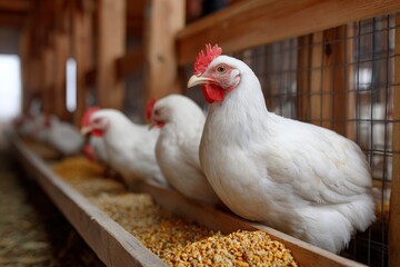 Row of white hens eating from a trough focused on one with a red comb in a rustic enclosed coop