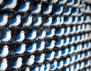 おもちゃの小鳥がたくさん並んでいる背景画像　
Background image with many small toy birds in a row