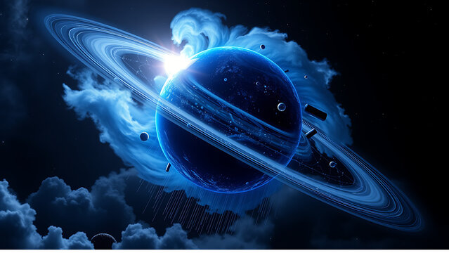 An exoplanet raining supersonic glass. A cobalt-blue atmosphere from silicate clouds. It orbits its star in close proximity. A speculative scientific vision.