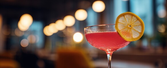 The elegant pink cocktail garnished with a fresh lemon slice in a cozy bar setting.