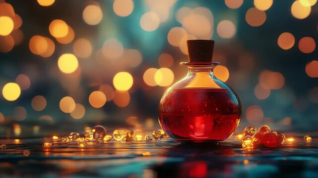 Red potion bottle, bokeh background.