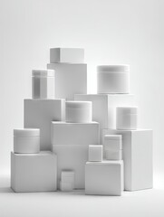 A minimalist still life of various-sized white cosmetic containers and boxes artfully arranged on a seamless white background, creating a visually appealing, clean composition