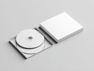 A minimalist studio shot shows a blank white square CD case with two blank white CDs partially inserted; one CD is slightly askew.  The case and CDs are pristine and show no markings