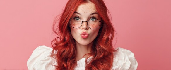 The playful woman with red hair and glasses making a cute expression
