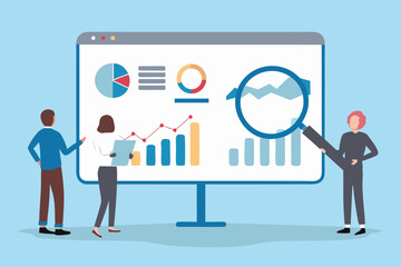 Team analyzing financial data and business growth on a large screen presentation