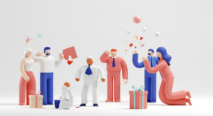 Diverse group of figures celebrating and interacting on a white background