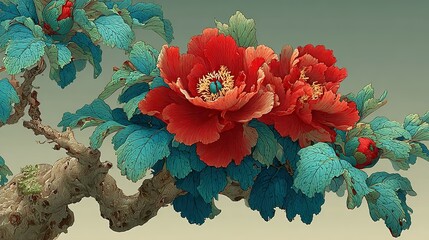 Antique Chinese Flower Painting: Classical Ink Wash Blossom Illustration for Ceramic Patterns, Rice Paper Backgrounds