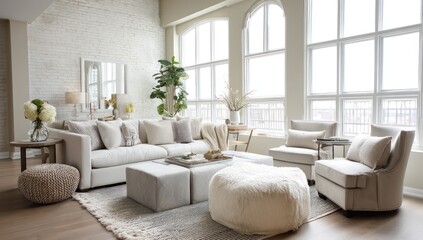 Obraz premium Airy living room with neutral-toned furniture, soft textures, and large windows bringing in light.