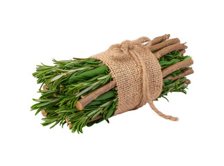 Fresh rosemary herb bundle tied with burlap twine, Isolated On White, Png, Transparent Background