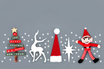 Christmas Eve magical time with tree bauble decorations on gray. Retro ornaments with Santa Claus...