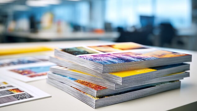 Stacked catalogs on a table, showcasing vibrant print materials for marketing.