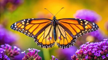 Obraz premium Delicate monarch butterfly perched on a vibrant purple flower with yellow and black stripes, showcasing its distinctive wingspan , beauty, monarch butterfly