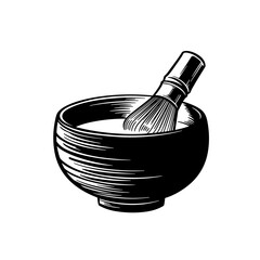 Matcha bowl with whisk in black and white line art style  