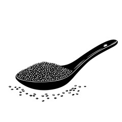 Chia seeds in spoon on white background with scattered seeds  