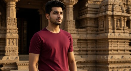 Obraz premium closeup mockup of a maroon plain t-shirt worn by a young Indian male model, standing in front of a traditional Indian temple