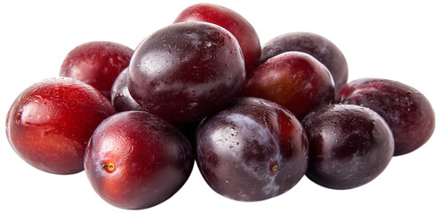 A cluster of glistening, dark red plums, isolated on transparent background.  Juicy and plump, they're perfect for a healthy snack or delicious dessert.
