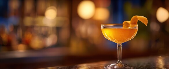 The vibrant cocktail garnished with orange in a stylish bar ambiance.