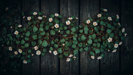 Delicate white flowers on dark wooden planks green leaves vine