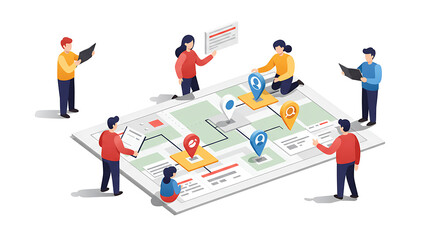 Team of people interacting with map for planning and strategy illustration