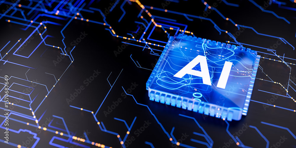 Poster ai processor on glowing digital circuit, artificial intelligence microchip, modern data science, inn