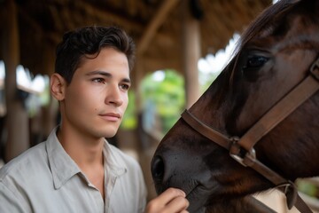 Young caucasian male interacting with horse in rustic setting