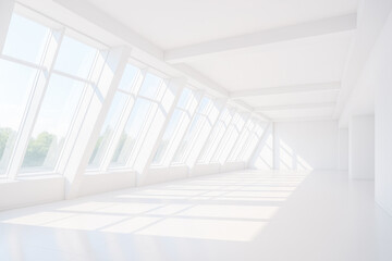 Bright modern loft with panoramic slanted windows, sunny white interior, empty minimalist apartment, clean real estate background, contemporary office or creative studio, copy space for design