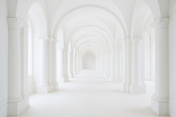White minimalist classical gallery interior with arched columns, bright daylight and clean empty space for modern exhibition, architecture, museum, business or design background