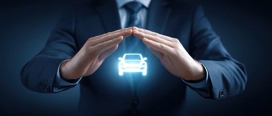 The businessman protecting a holographic car with his hands