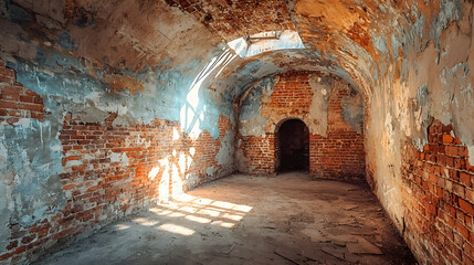 Obraz premium Panoramic view of empty, old, red brick wall background with copy space