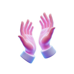 Obraz premium 3d icon of two hands are raised in a gesture of prayer, glowing with a soft pink and blue neon light isolated on transparent background