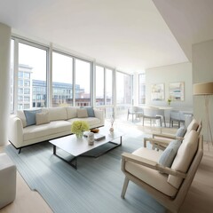 Fototapeta premium Airy and bright living room with large windows, light-toned furniture, and clean design.