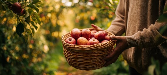 The hands holding a woven basket of freshly picked apples in an orchard
