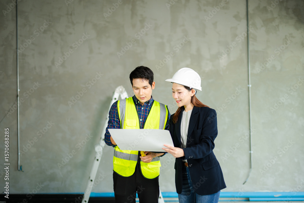 Poster engineer in a safety vest and an architect with a hard hat inspect blueprints on a modern constructi