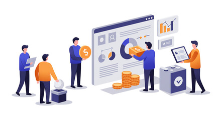 Business team analyzing financial data on digital interface illustration