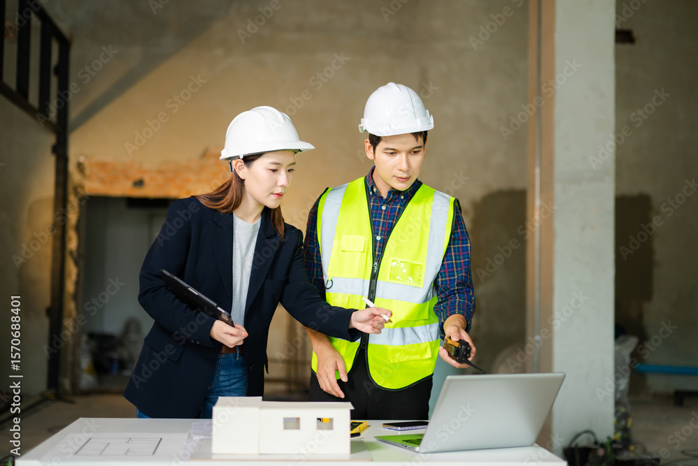 Poster engineer in a safety vest and an architect with a hard hat inspect blueprints on a modern constructi