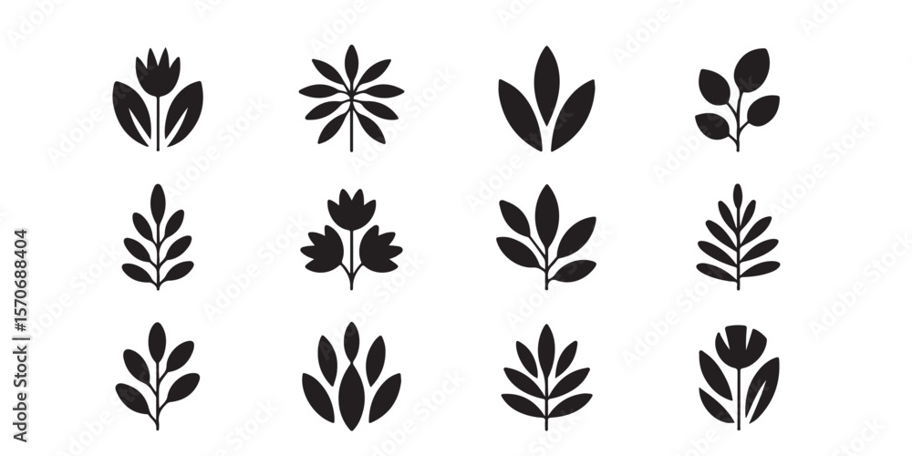 Aufkleber a collection of twelve black and white leaf and flower icons arranged in a grid pattern