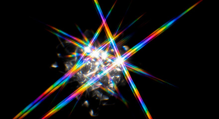 Diamond sparkle overlay with intersecting rainbow light beams, abstract crystal flare effect on black background for luxury and festive design