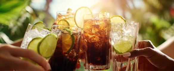 The refreshing drinks clinking together in a vibrant summer celebration.