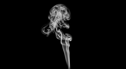 Thin wisp of white smoke rising and swirling on isolated black background, abstract design element...